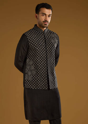 Black Kurta Jacket Set For Men With Thread Work