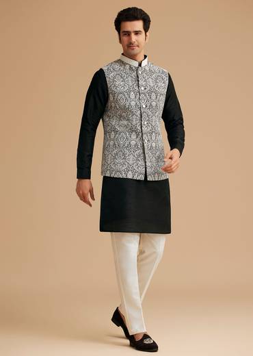 Black Kurta Jacket Set With Resham Work And Hand Embroidered Collar