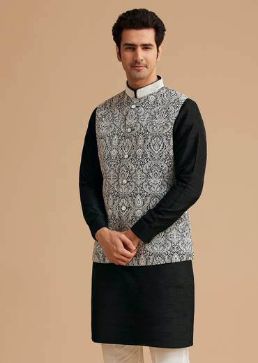 Black Kurta Jacket Set With Resham Work And Hand Embroidered Collar
