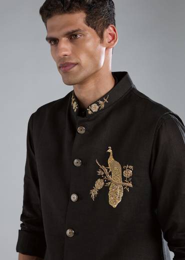 Black Kurta Jacket Set With Zardosi Hand Work