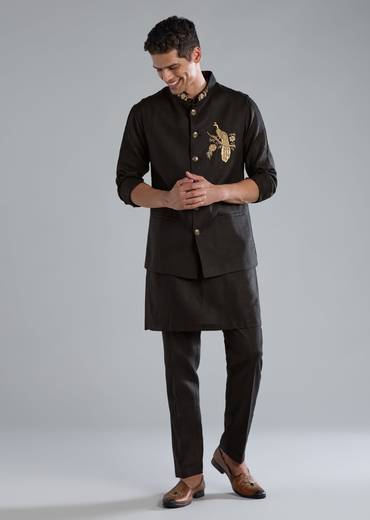 Black Kurta Jacket Set With Zardosi Hand Work