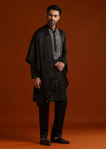 Black Kurta Set For Men With Metal Embroidery