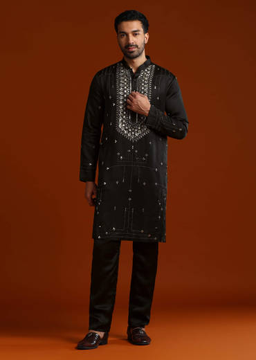 Black Kurta Set For Men With Metal Embroidery
