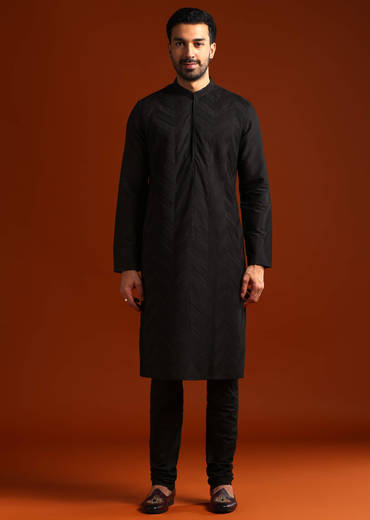 Black Kurta Set For Men With Pintucks