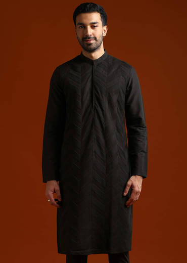 Black Kurta Set For Men With Pintucks