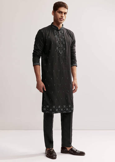 Black Linen Kurta Set For Men With Resham And Moti Work