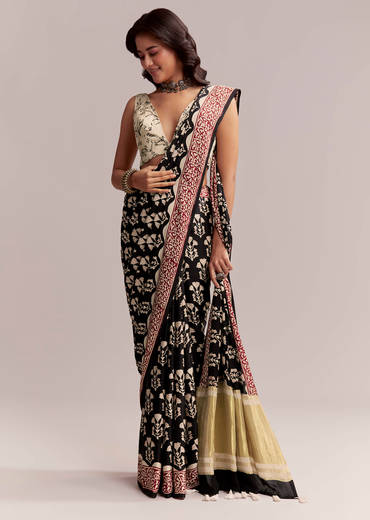 Black Linen Printed Saree With Hand Block Ajrakh Leaf Print