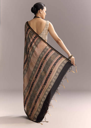 Black Linen Saree With Authentic Ajrakh Print And Maroon Border