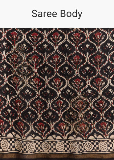 Black Linen Saree With Authentic Ajrakh Print And Maroon Border