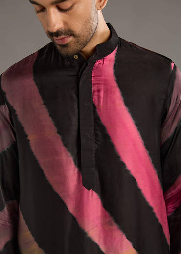 Black Modal Kurta Set For Men With Hand Dyed Leheriya Print