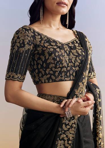 Black Net Saree With Embroidered Border