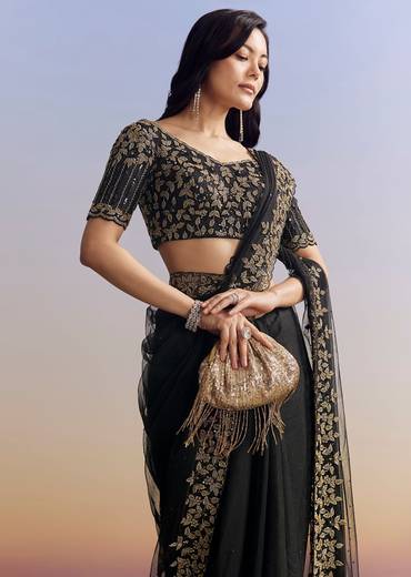 Black Net Saree With Embroidered Border
