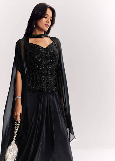Black Organza Cape Suit With Sequins And Cutdana Embroidered Top