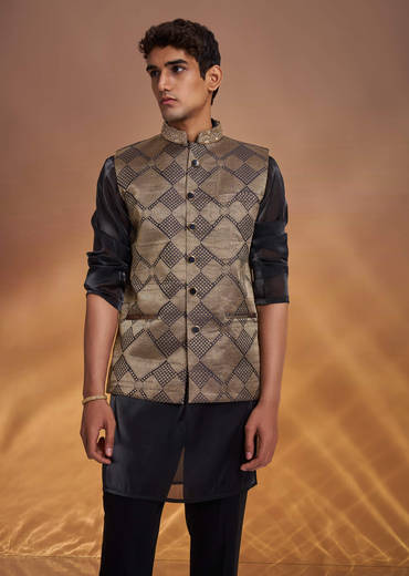 Black Organza Kurta Jacket Set With Self Embroidery