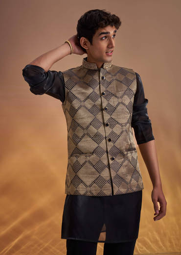 Black Organza Kurta Jacket Set With Self Embroidery
