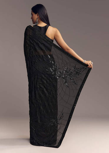 Black Organza Saree With Beaded Geometric Embroidery