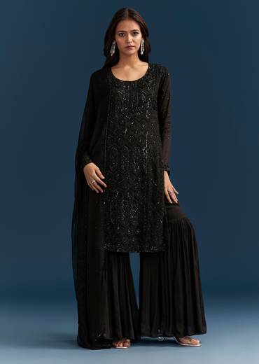 Black Pakistani Palazzo Suit With Sequins Embellished Kurta And Dupatta