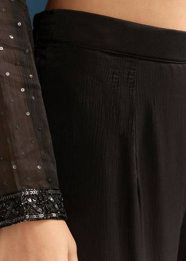 Black Pakistani Palazzo Suit With Sequins Embellished Kurta And Dupatta