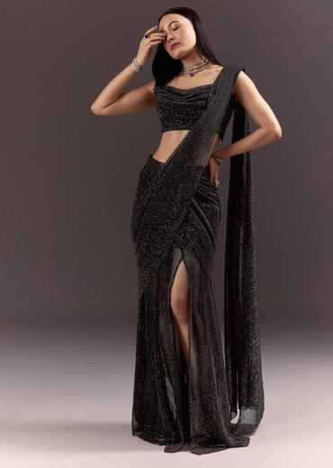 Black Pre Stitched Slit Saree With Cowl Blouse