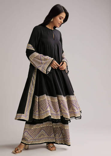Black Printed Border Anarkali Set With Palazzo And Dupatta