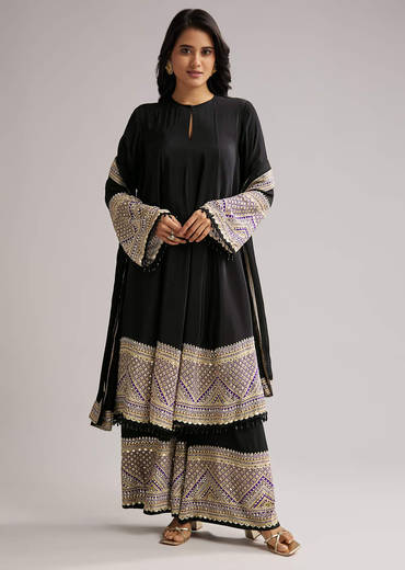 Black Printed Border Anarkali Set With Palazzo And Dupatta