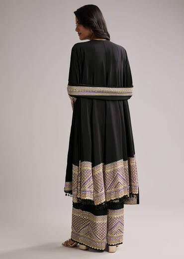 Black Printed Border Anarkali Set With Palazzo And Dupatta