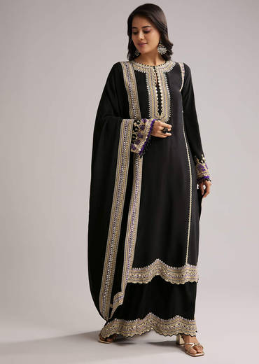 Black Printed Kurta Palazzo Set With Dupatta