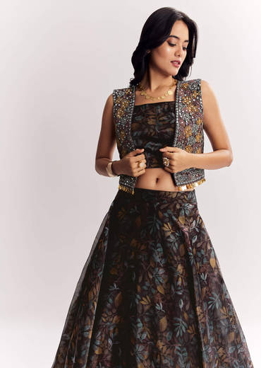 Black Printed Lehenga Choli With Mirror Work Jacket In Organza Tissue