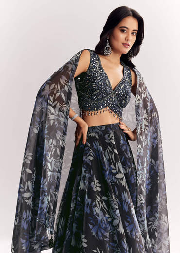 Black Printed Mirror Work Lehenga Choli Set In Organza Tissue