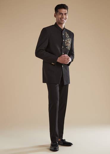 Black Rayon Jodhpuri Set With Metal Zardosi Thread Resham Work