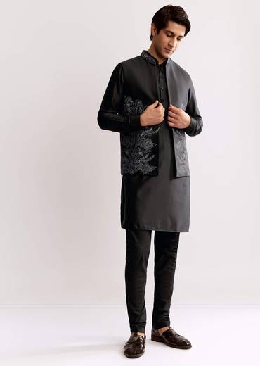 Black Rayon Kurta Jacket Set With Embroidery