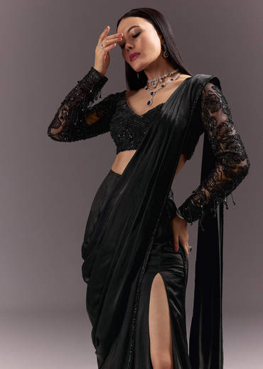 Black Ready Drape Slit Saree With Full Sleeve Blouse