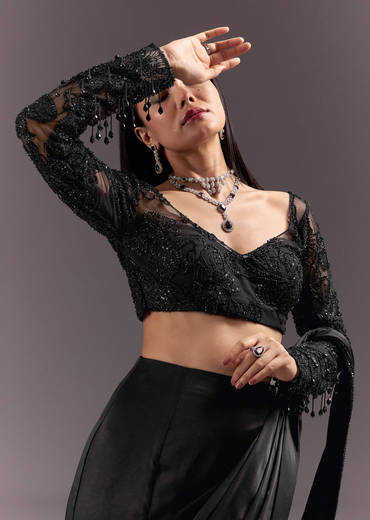 Black Ready Drape Slit Saree With Full Sleeve Blouse