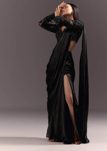Black Ready Drape Slit Saree With Full Sleeve Blouse