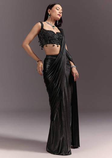 Black Ready To Drape Frill Saree With Ruching Blouse