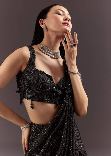 Black Ready To Wear Saree With 3D Patching And Fancy Neck Blouse