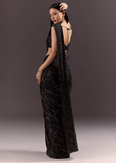 Black Ready To Wear Saree With 3D Patching And Fancy Neck Blouse