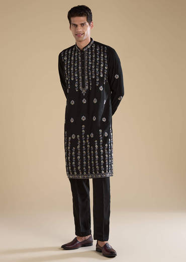 Black Resham Work Straight Mens Kurta and Pant Set