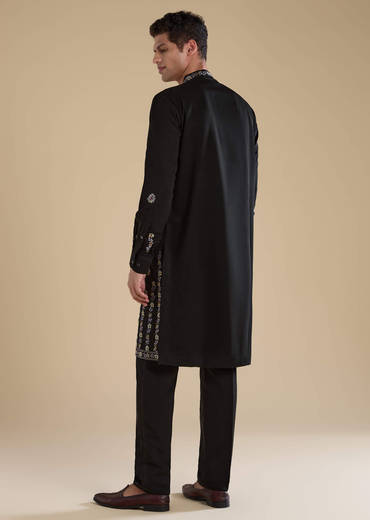 Black Resham Work Straight Mens Kurta and Pant Set