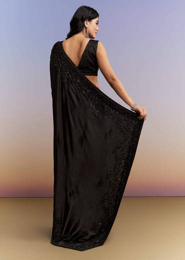 Black Satin Chinon Saree With Heavy Hand Embroidery