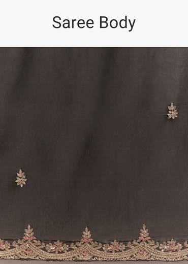 Black Satin Saree With Zardosi Sequins And Scallop Border