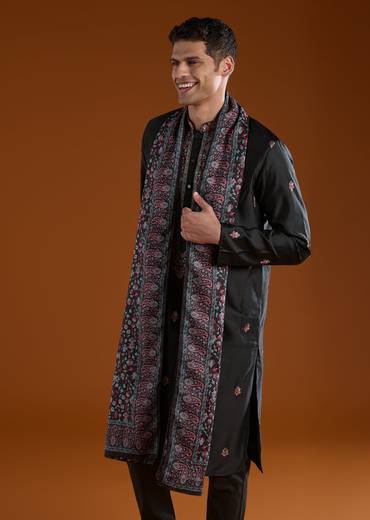 Black Silk Embroidered Mens Kurta Pant Set with Dupatta