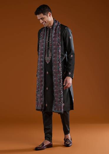 Black Silk Embroidered Mens Kurta Pant Set with Dupatta
