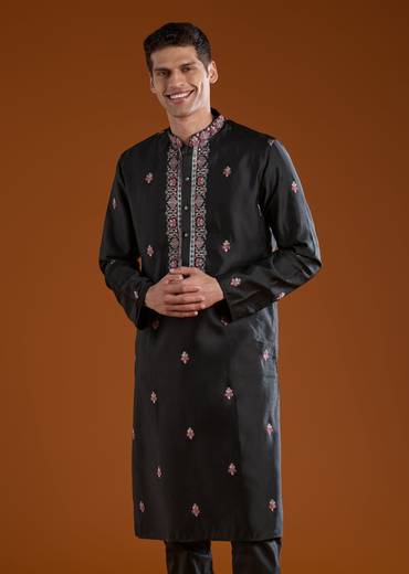 Black Silk Embroidered Mens Kurta Pant Set with Dupatta