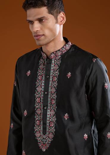 Black Silk Embroidered Mens Kurta Pant Set with Dupatta