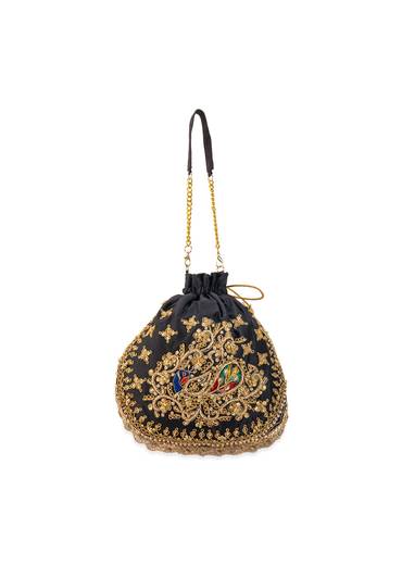 Black Silk Embroidered Motifs Potli Bag
