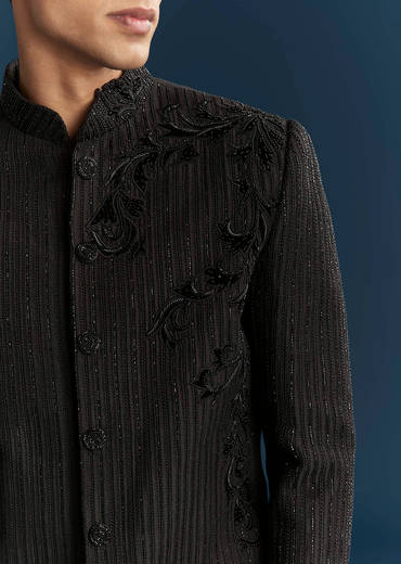 Black Silk Indo Western Set For Men With Patch Work And Embroidery