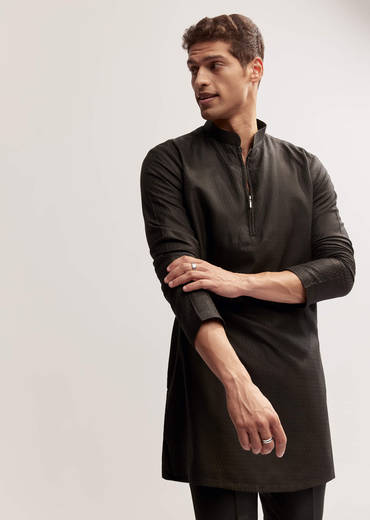 Black Silk Kurta Jacket Set For Men With Cutdana Embroidery