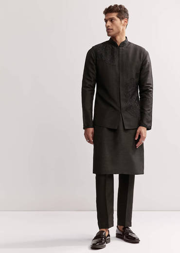Black Silk Kurta Jacket Set For Men With Floral Cutdana Work