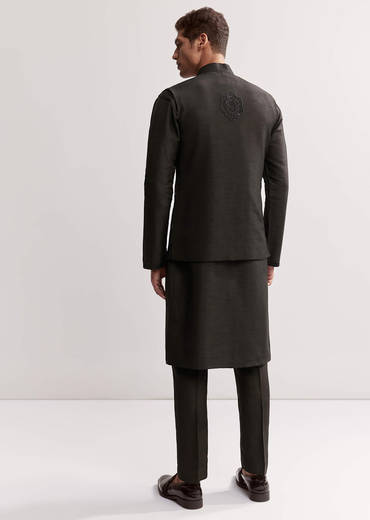 Black Silk Kurta Jacket Set For Men With Floral Cutdana Work